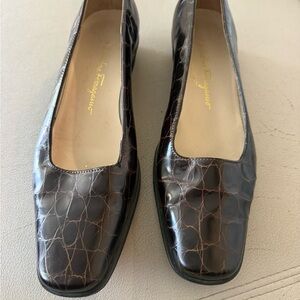 Salvatore Ferragamo Croc-Embossed Brown Leather Square-Toe Flats